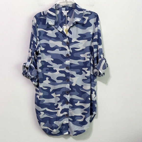 Intro Shirt Dress S Blue Camo Roll Tab Sleeve Mini Trendy Tunic Button Front NEW